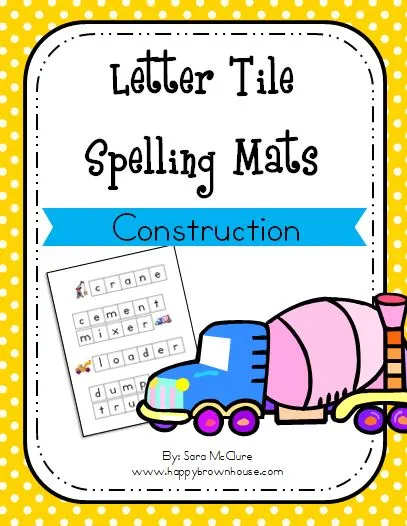 Free Printable Construction Letter Tile Spelling Mat by www.happybrownhouse.com