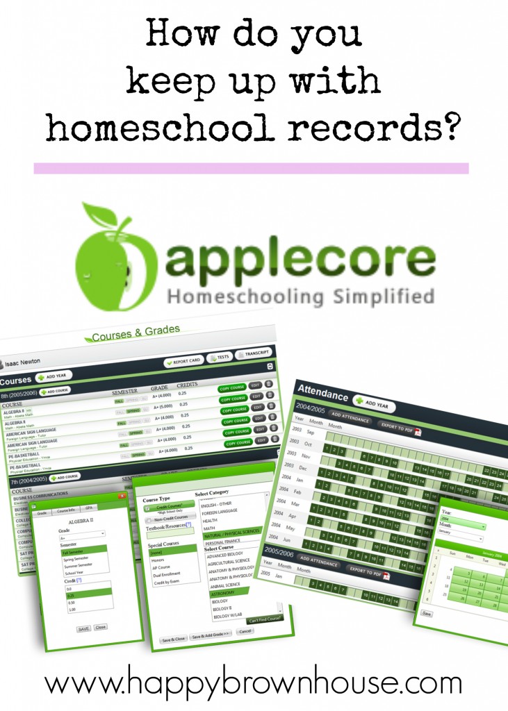 Does Homeschool record keeping seem overwhelming? Applecore is a simple and affordable online record keeping system that takes the stress out of reporting grades, attendance, and preparing transcripts for college applications.