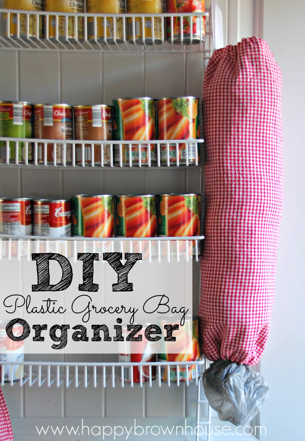 Use a tea towel to sew a Plastic Grocery Bag Organizer. This beginner sewing project is an easy way to organize plastic shopping bags and cut down on pantry clutter!