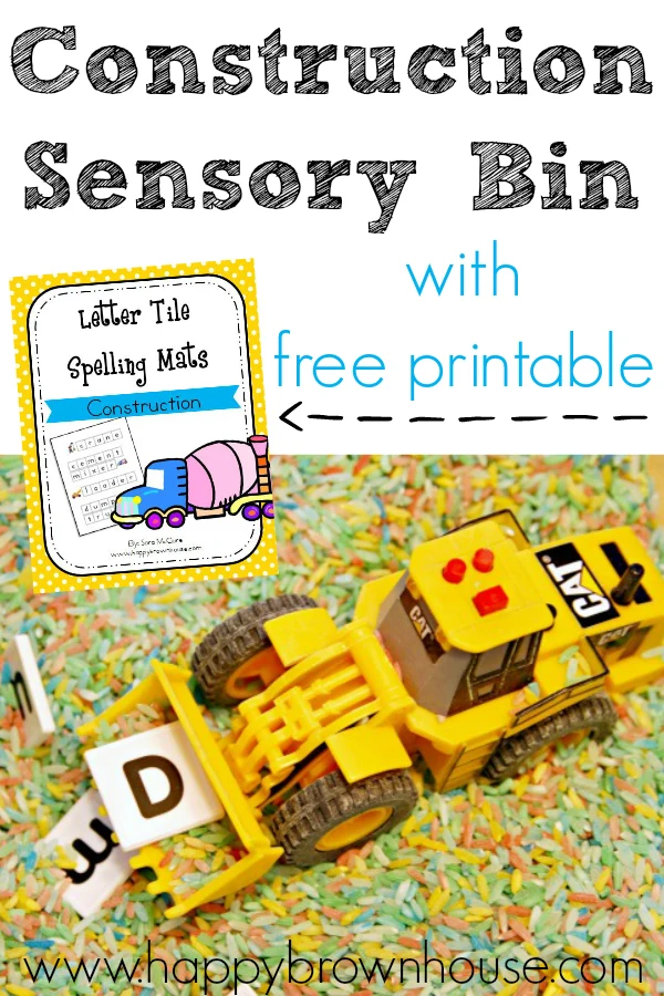 Construction Sensory Bin with Free Printable Letter Tile Spelling Mats