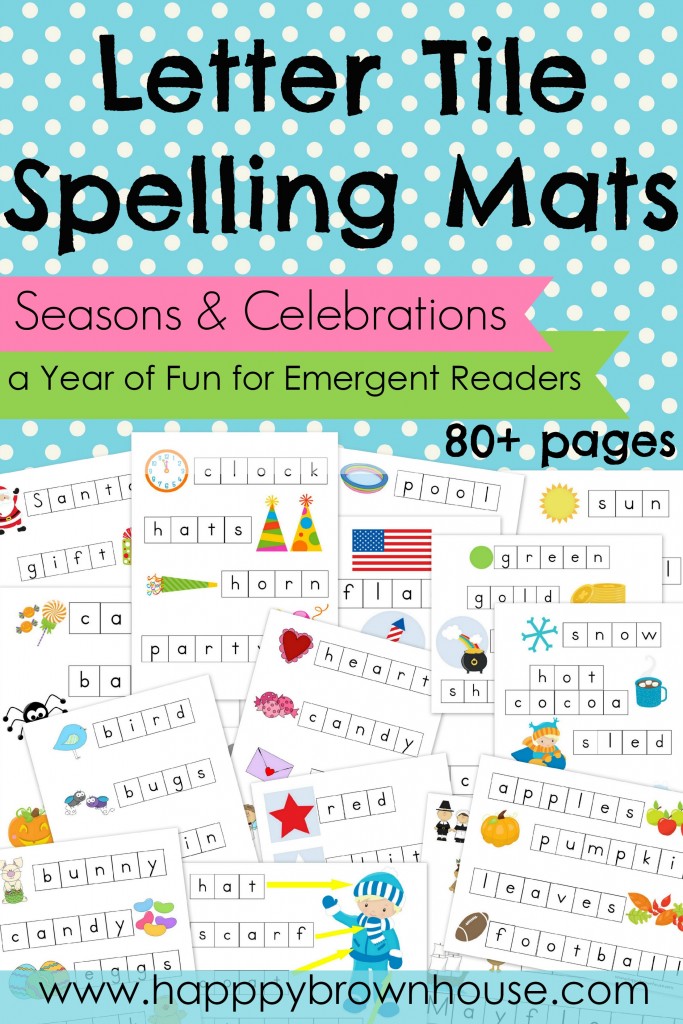 Letter Tile Spelling Mats Bundle (Seasons & Celebrations)--a year of fun for emergent readers. 80+ pages featuring 14 seasons and holidays throughout the year. www.happybrownhouse.com/shop/