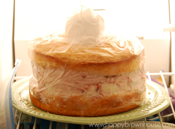 Strawberry Shortcake ice cream cake in the freezer