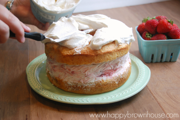 spread whipped cream topping on the cake for icing.