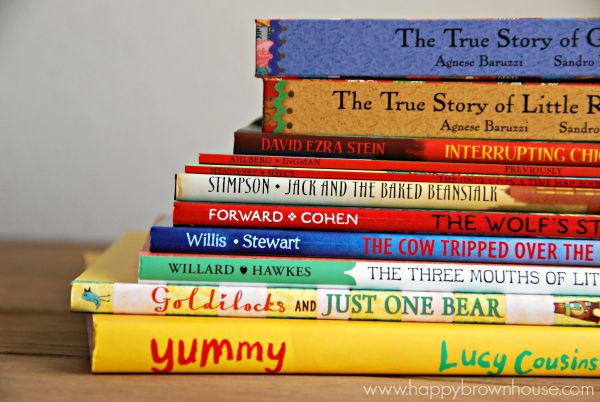 Close up of a stack of colorful books of Fractured Fairytales