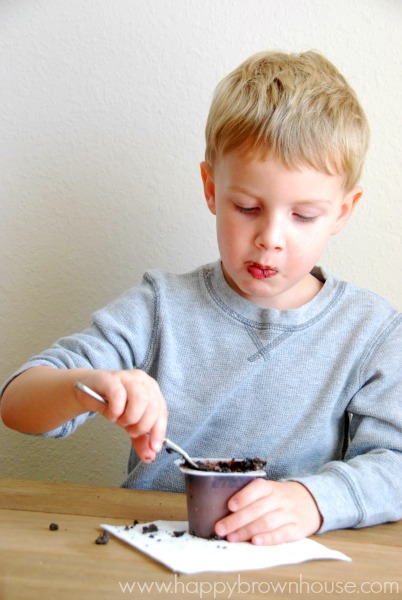 Eating pudding cups