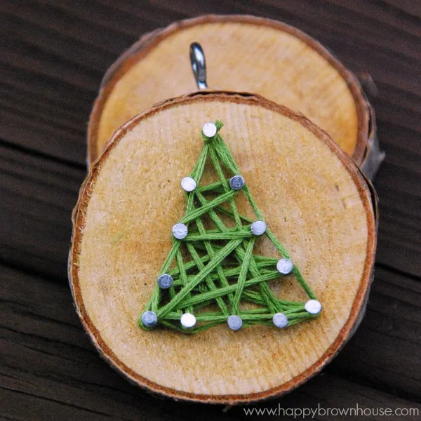 Wood Slice String Art Ornament - Happy Brown House