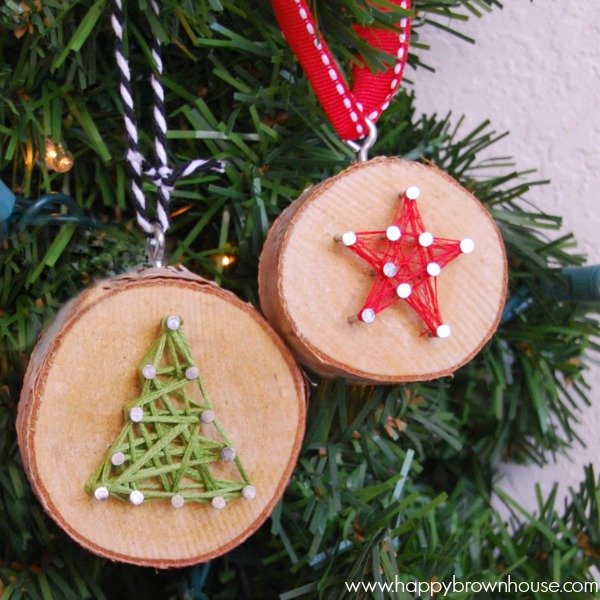 Wood Slice String Art Ornament Happy  Brown House