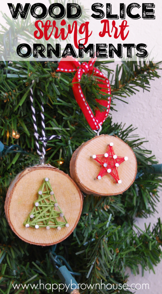 These rustic DIY Wood Slice String Art Ornaments are simple to make and look beautiful on the Christmas tree. Give as a gift or add to the top of a present for a creative gift topper idea. Inspired by a Christmas children's book, these kid's Christmas ornaments are perfect for fine motor skills practice. 