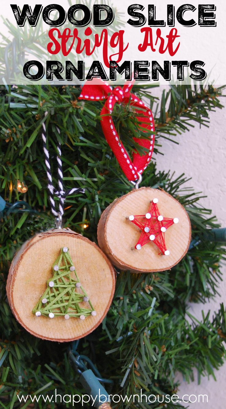 These rustic DIY Wood Slice String Art Ornaments are simple to make and look beautiful on the Christmas tree. Give as a gift or add to the top of a present for a creative gift topper idea. Inspired by a Christmas children's book, these kid's Christmas ornaments are perfect for fine motor skills practice.
