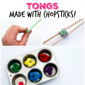 These DIY Fine Motor Tongs made with Chopsticks are a quick and easy way to work on developing fine motor skills with kids. Make a set to use with transferring objects for fine motor skills activities