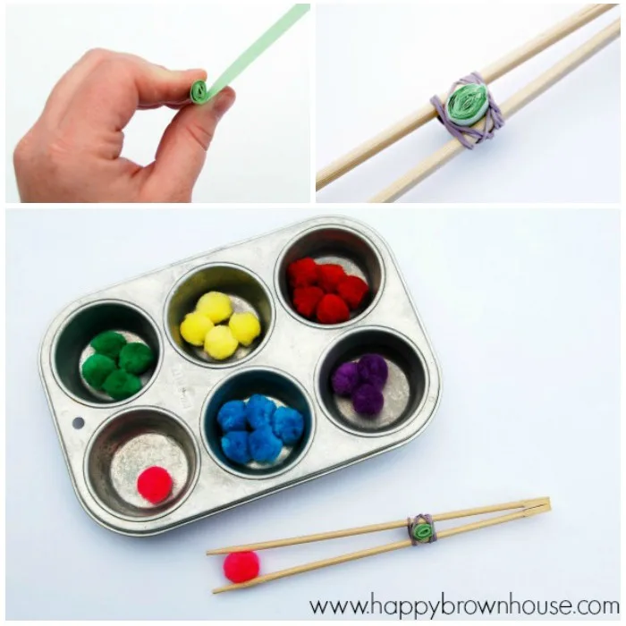 These DIY Fine Motor Tongs made with Chopsticks are a quick and easy way to work on developing fine motor skills with kids. Make a set to use with transferring objects for fine motor skills activities