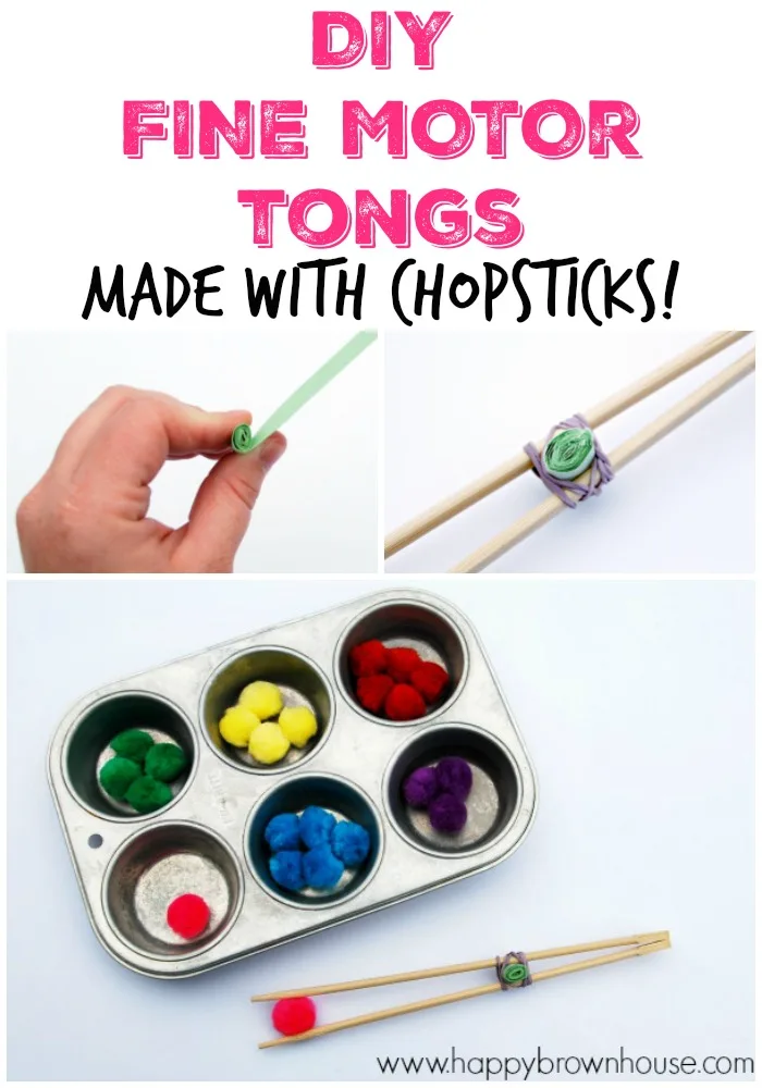 These DIY Fine Motor Tongs made with Chopsticks are a quick and easy way to work on developing fine motor skills with kids. Make a set to use with transferring objects for fine motor skills activities