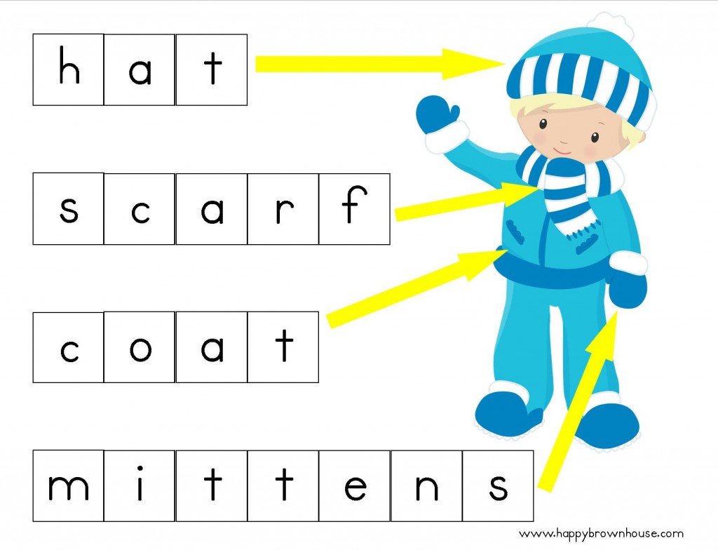 This Free Printable Letter Tile Page uses labeling skills to spell the winter clothing vocabulary words in this adorable Winter printable.