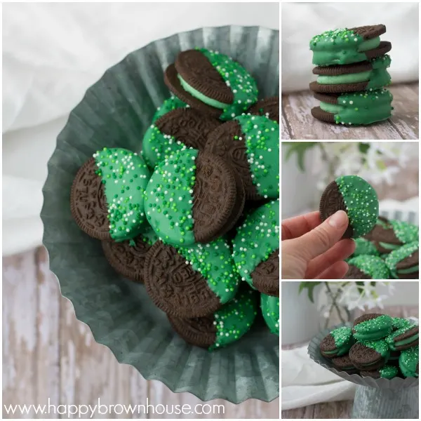 These mint creme filled, candy-dipped Oreos are perfect for a St. Patrick's Day party, or just to have around so you don't get pinched. These St. Patrick's Day Oreos are easy to put together and can be a great way to get your kids in the kitchen with you.