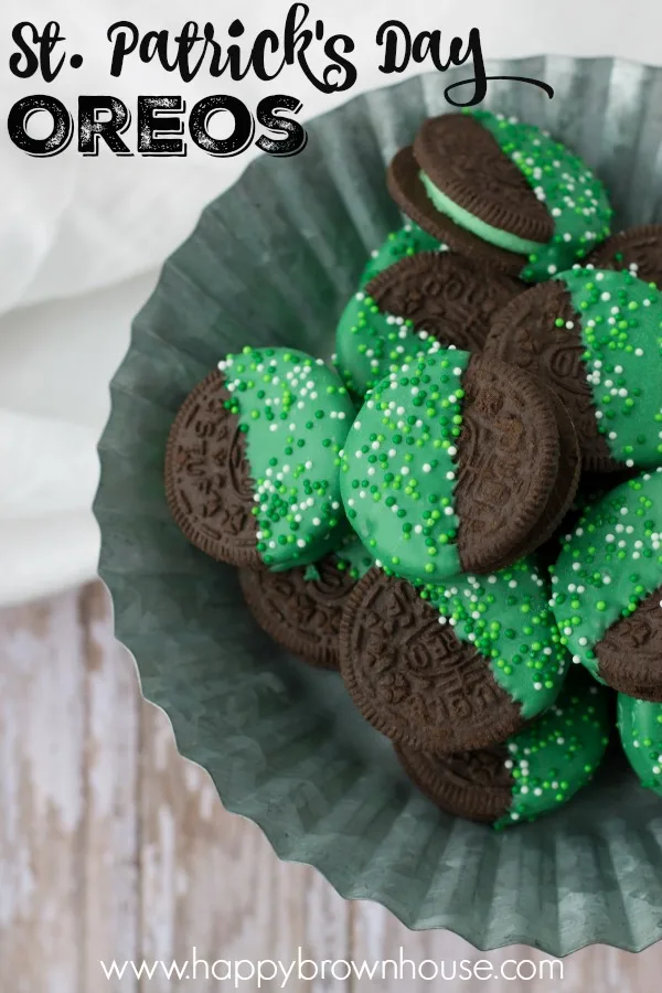 These mint creme filled, candy-dipped Oreos are perfect for a St. Patrick's Day party, or just to have around so you don't get pinched. These St. Patrick's Day Oreos are easy to put together and can be a great way to get your kids in the kitchen with you.