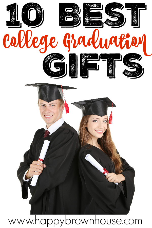 Two college graduates in cap and gown for graduation ceremony. Title words read: 10 Best College Graduation Gifts