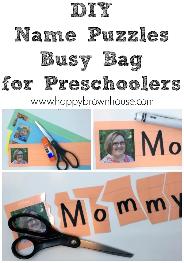 Does your child need to learn their name? These DIY Name Puzzles Busy Bag for Preschoolers are perfect to teach names