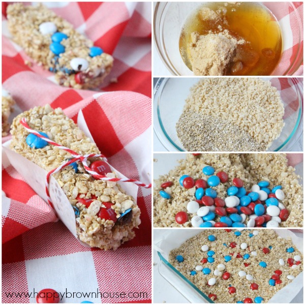 These Patriotic Granola Bars are the perfect treat for Memorial Day or the Fourth of July. Kids will love this easy treat and they'll be the hit of the barbecue. This is a perfect treat for kids to help with for your special celebration.