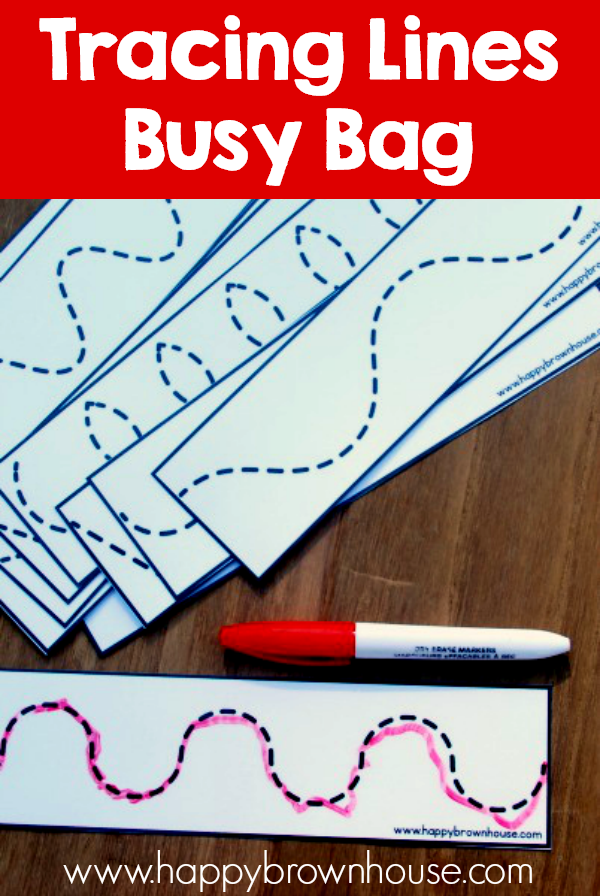 This printable Tracing Lines Busy Bag is perfect for helping preschoolers practice pre-writing skills. Great preschool busy bag! Kids will love using the dry erase marker. This busy bag for preschoolers will help kids strengthen their fine motor skills as they learn how to write. The tracing lines are perfect to teach pre-writing strokes needed to write the letters A, K, M, N, V, W, and Z. #preschool #handwriting #busybag #finemotorskills #finemotor #writing #busybags #kidsactivities #kids