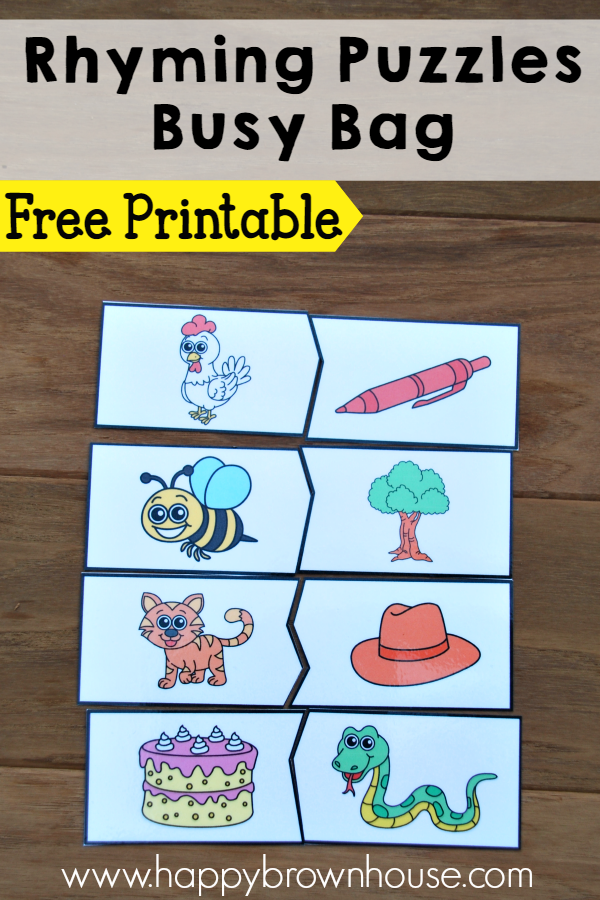 Free printable Rhyming Puzzles busy bag idea. Perfect for practicing rhyming skills.