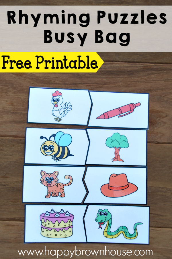 Free printable Rhyming Puzzles busy bag idea. Perfect for practicing rhyming skills. 