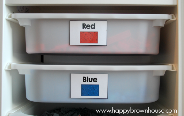 Lego Storage Bins with labels made from Ikea Trofast system
