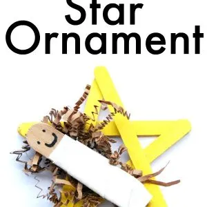 This Nativity Star Ornament is super cute. Featuring Jesus and the Nativity star, this ornament for kids to make is an easy addition to the Christmas tree. While adults will have to hot glue some of the pieces together, the kids can paint and wrap the craft stick Jesus in swaddling clothes. #Christmas #ornament #kids #kidscraft #craft #Nativity