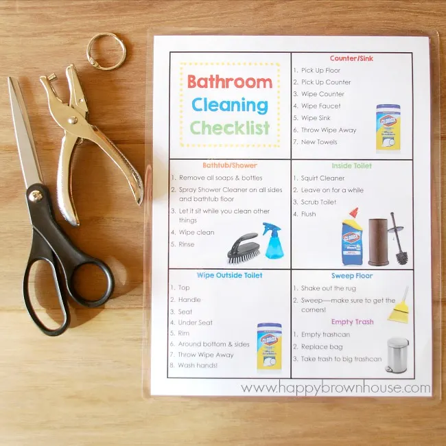 This Bathroom Cleaning Kit for Kids includes everything needed to clean the bathroom, including a Free Printable Bathroom Cleaning Checklist and flippable chore cards. This simple DIY tip will help kids clean the bathroom and lower mom's nagging. What a lifesaver!