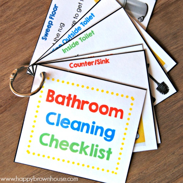 This Bathroom Cleaning Kit for Kids includes everything needed to clean the bathroom, including a Free Printable Bathroom Cleaning Checklist and flippable chore cards. This simple DIY tip will help kids clean the bathroom and lower mom's nagging. What a lifesaver!