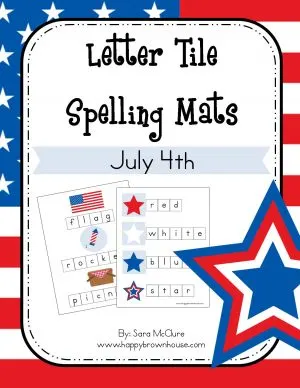 cover for July 4th Letter Tile Spelling Mats, flag outside border, patriotic star clipart, and small images of letter tile pages