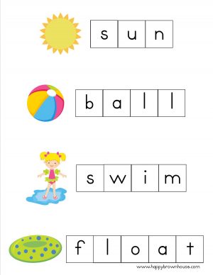 Letter Tile Spelling Mat printable for a summer theme, clipart and letter boxes for making words, sun, ball, swim, float