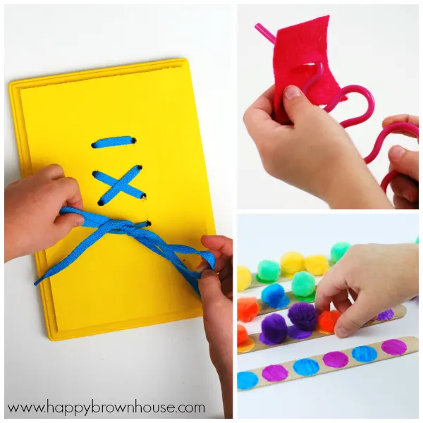 Colorful collage of busy bag activities being used by a child with a close up of the child\'s hand