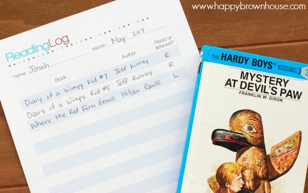 close up of The Reading Log page from Plan Your Year Homeschool Planner and a Hardy Boys book