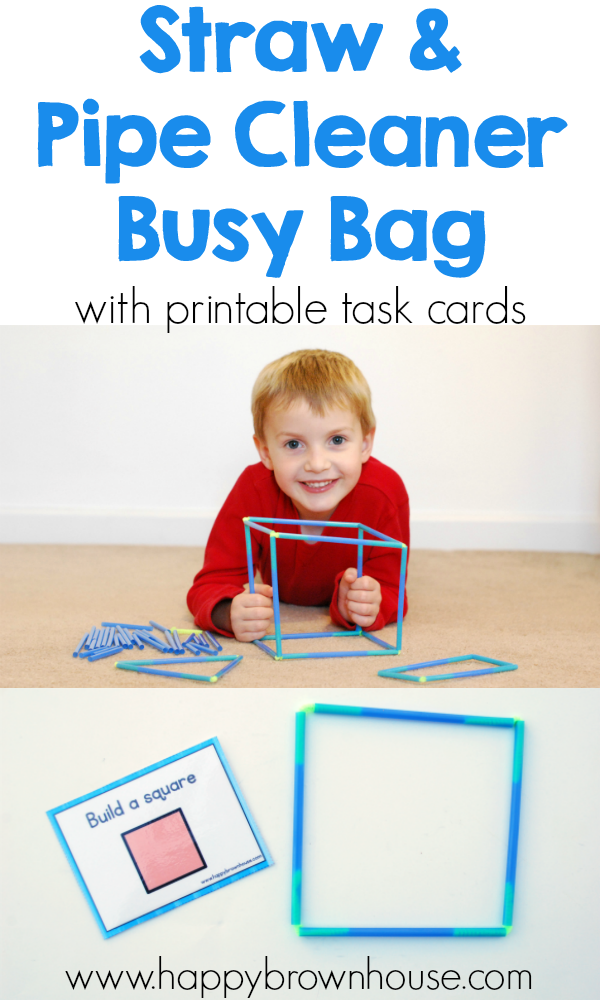 little boy in a red shirt building shapes with straws and pipe cleaners, printable task card with shape