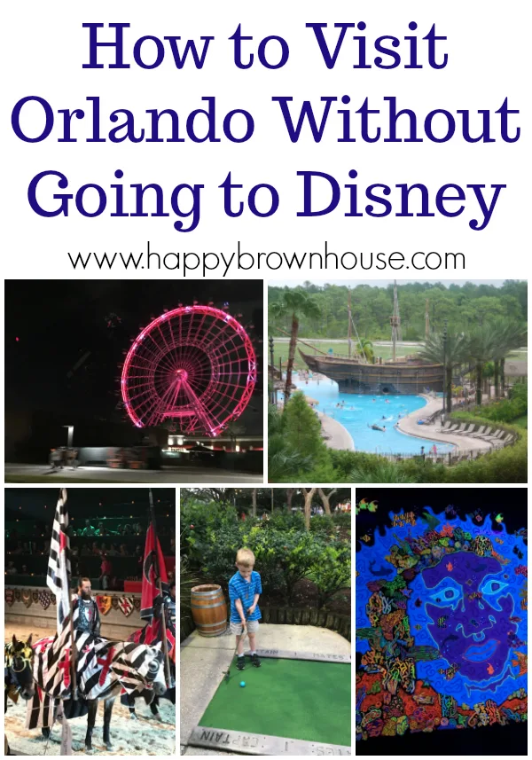 collage of Orlando, Florida fun: The Orlando Eye, pirate ship swimming pool, Medieval Times, putt-putt, and glow in the dark mini golf