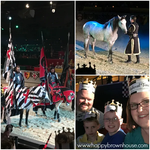 collage of Medieval Times dinner show with knights, horses, and jousting