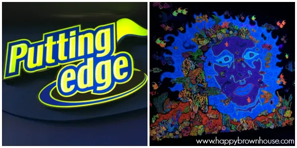 collage of Putting Edge a glow-in-the-dark miniature golf place in Orlando, Florida