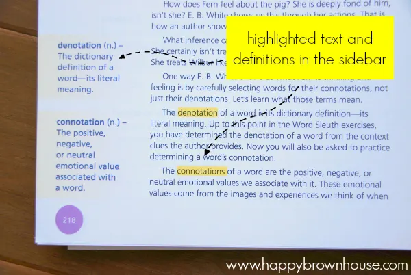 Readers in Residence homeschool reading curriculum is written to kids on a kid-level. They highlight vocabulary terms and place the definitions in the sidebar.