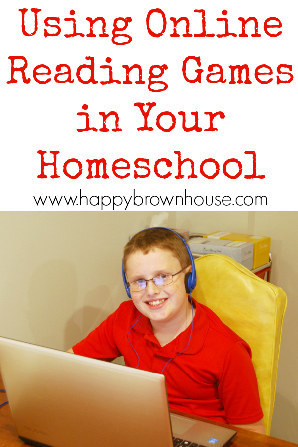 boy in a red shirt sitting in a yellow chair using a laptop with blue headphones on his head, Using Online Reading Games in Your Homeschool 