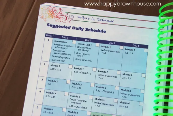 close up of a suggested daily schedule for the Writers in Residence homeschool writing curriculum