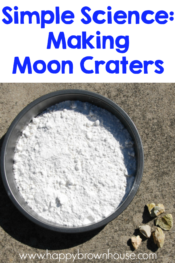 Simple science: Making Moon Craters science experiment, round cake pan with flour inside next to a small pile of gravel rocks sitting on the sidewalk