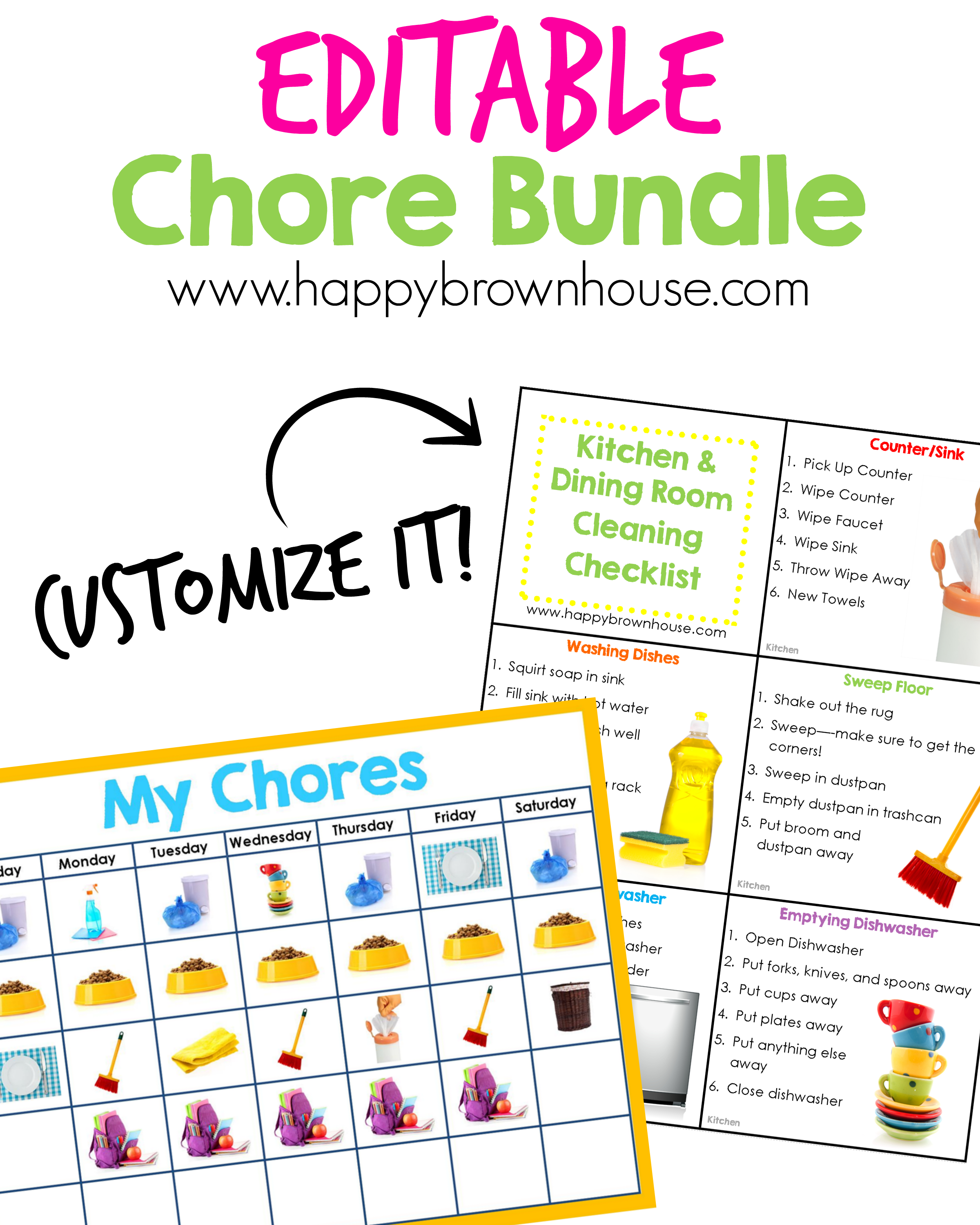Editable Chore Cards & Chore Chart Bundle - Happy Brown House