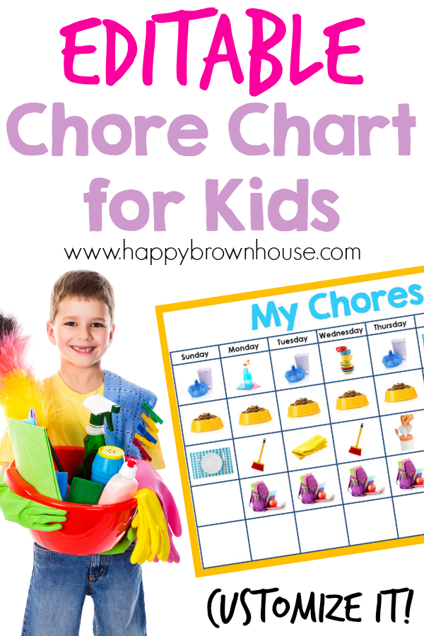 Editable Chore Chart for Kids: little boy in a yellow shirt and blue jeans holding a red bucket full of colorful cleaning supplies, picture of chore chart printable 