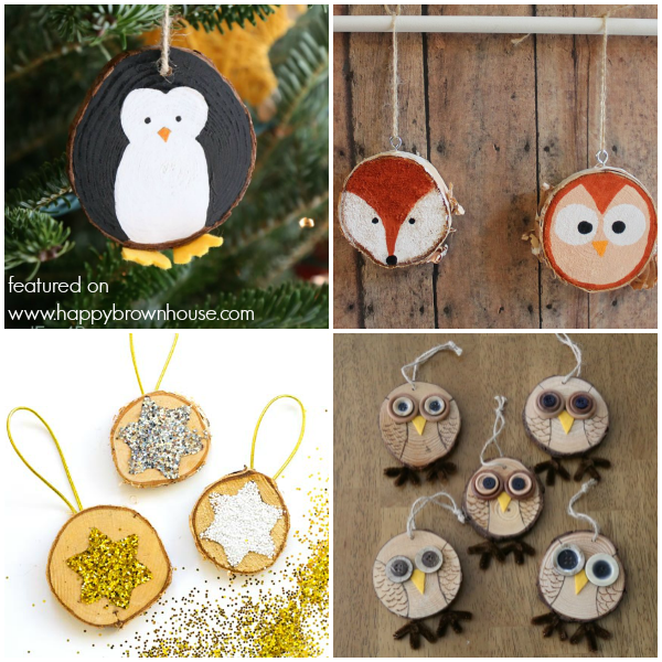 collage of wood slice ornaments: painted penguin wood slice ornament, painted fox wood slice ornament, painted owl wood slice ornament, glitter star wood slice ornament, owl wood slice ornament