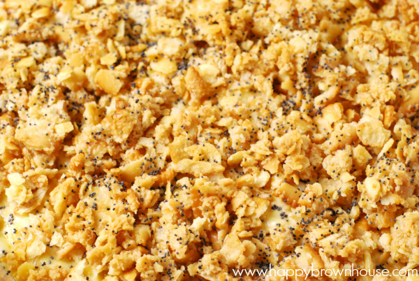 Close up of Poppy Seed Chicken Casserole with Ritz Cracker crumbs as a topping