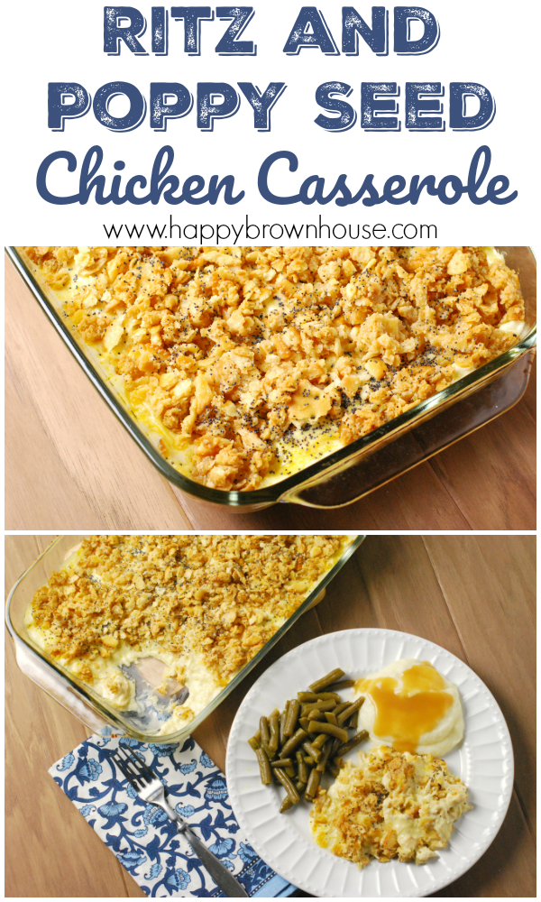 close up of a Ritz Poppy Seed Chicken Casserole, casserole dish with a scoop of food missing sitting next to a prepared dinner plate, blue napkin, and a fork