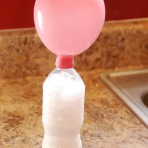 pink inflated balloon attached to a water bottle with fizz from a baking soda and vinegar reaction