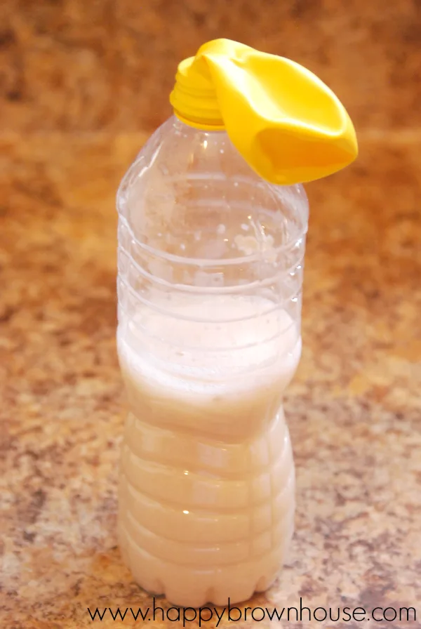 Clear plastic water bottle with a mixture of sugar and yeast bubbling inside, yellow deflated balloon is attached to the top of the water bottle