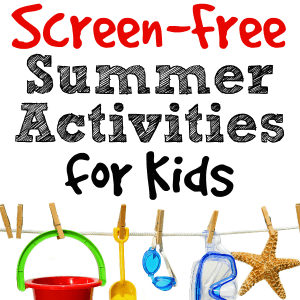100 Screen-Free Summer Activities for Kids with clothesline holding bucket, shovel, goggles, starfish