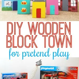 This DIY Wooden Block Town is the perfect homemade gift to accompany your child's favorite rescue vehicles. Kids will love engaging in imaginative play as they pretend to put out fires and rescue the town. See how one mom pairs the town with the PLAYMOBIL Take Along Fire Station and Rescue Ladder Unit for the ultimate pretend play experience. #PlayWithPlaymobil #pretendplay #kids #crafts #kidcrafts #imagination